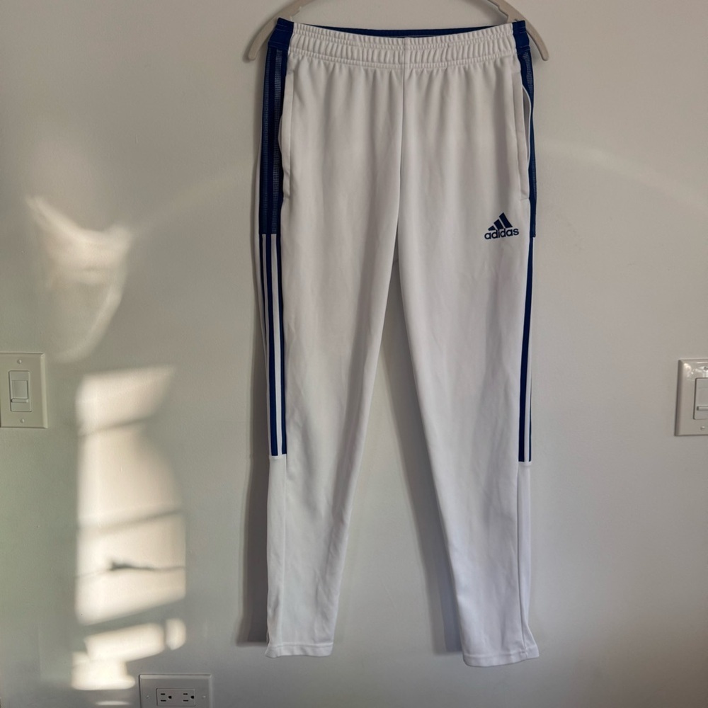 Adidas White and Blue Track Pants Size Small - Athleisure